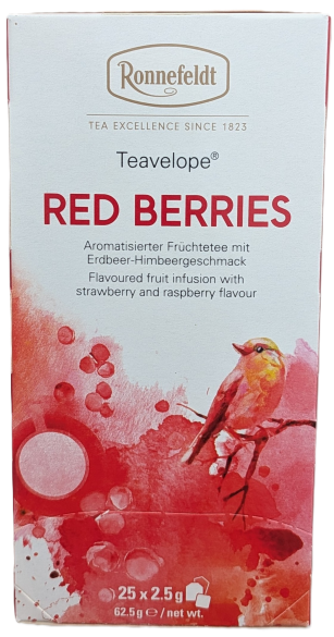 Die Verpackung von Ronnefeldt Teavelope "RED BERRIES". Das Ronnefeldt-Logo ist oben platziert. Der Produktname "RED BERRIES" ist in kräftigen roten Buchstaben aufgedruckt. Darunter steht: "Aromatisierter Früchtetee mit Erdbeer-Himbeergeschmack". Die unter