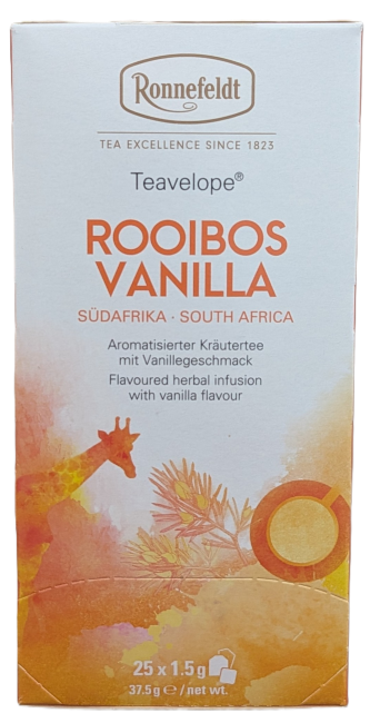 Die helle Verpackung von Ronnefeldt Teavelope "ROOIBOS VANILLA". Das Ronnefeldt-Logo steht oben. Der Name "ROOIBOS VANILLA" ist in warmem Orange hervorgehoben. Darunter steht in dunkelgrauer Schrift: "SÜDAFRIKA · SOUTH AFRICA", "Aromatisierter Kräutertee