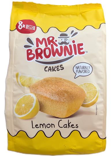 Verpackung von Mr. Brownie Cakes mit Zitronengeschmack, ein saftiger gelber Kuchen und frische Zitronenscheiben. Bildbeschreibung: Gelb-beigefarbene Standverpackung von Mr. Brownie Cakes mit Abbildung eines kleinen Zitronenkuchens und frischen Zitronensch