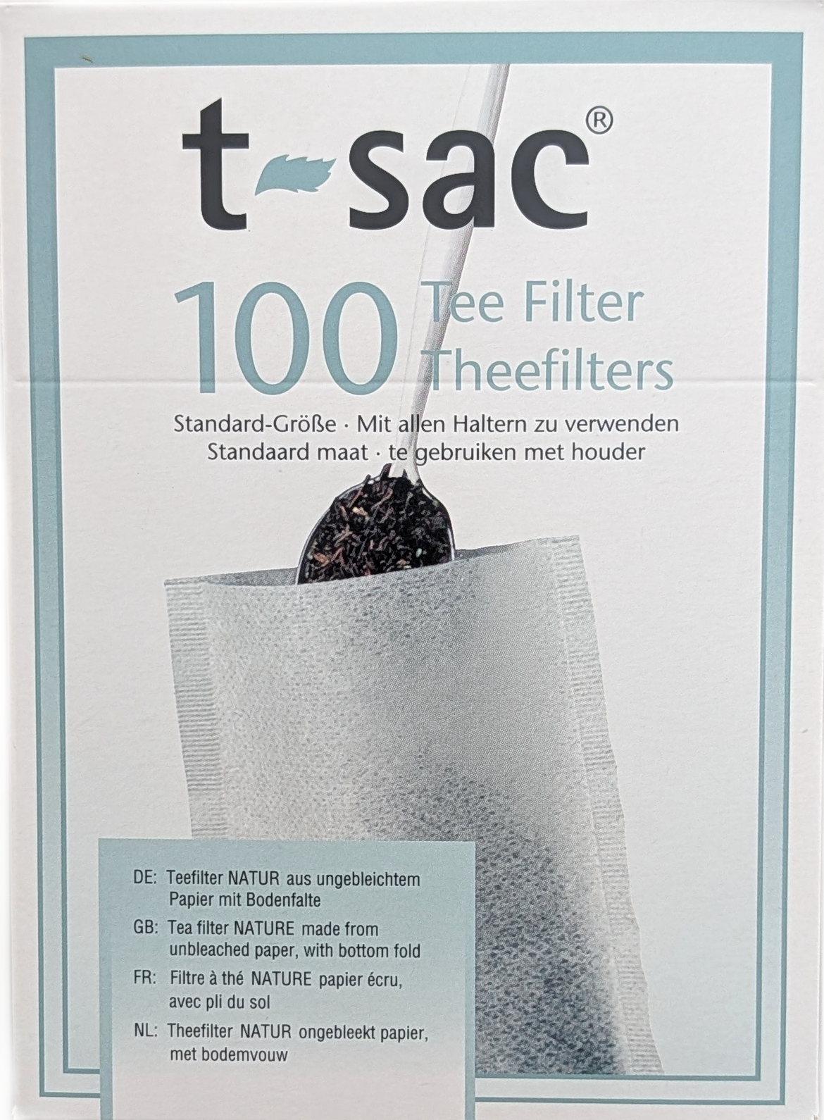 T-Sac 100 Teefilter NATUR Standard-Größe – Graue Packung aus ungebleichtem Papier mit Bodenfalte