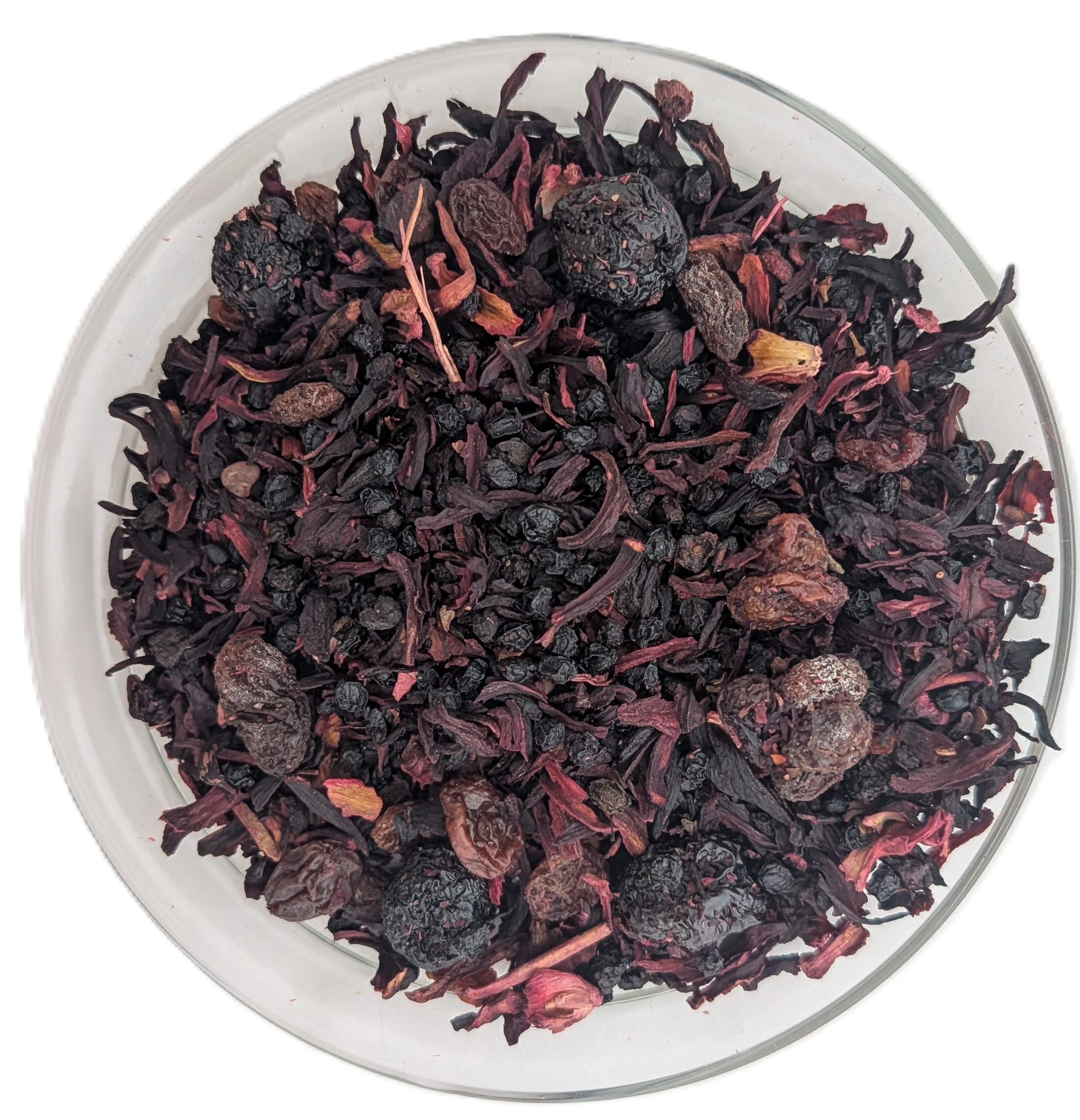 Dunkle Früchteteemischung Kirschenmichel mit ganzen getrockneten Sauerkirschen, Rosinen und Hibiskusblüten