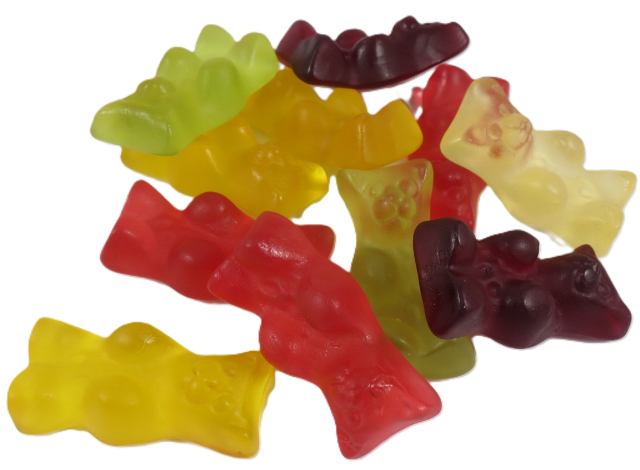 Bunter Haufen verschiedenfarbiger Fruchtsaft-Gummibärchen.