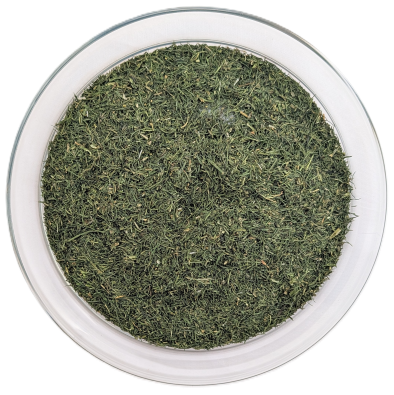 Draufsicht auf eine runde Glasschale vor weißem Hintergrund, gefüllt mit einer feinen, dichten Masse aus getrockneten, feinen Dillspitzen in einem satten, dunklen Grün.