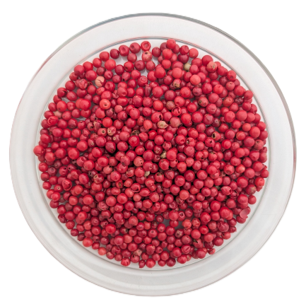 Draufsicht auf eine runde Glasschale vor weißem Hintergrund, ausgelegt mit glatten, leuchtend rosaroten bis tiefroten Beeren des Schinus-Baums, von denen einige eine leicht aufgeplatzte Schale zeigen.