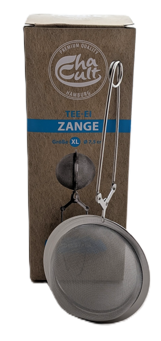 Cha Cult Tee-Zange aus Edelstahl in Größe XL (Durchmesser 7,5 cm) vor Kartonverpackung