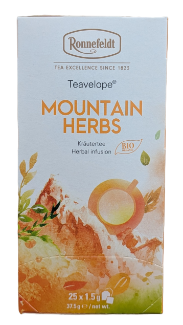 Die Verpackung von Ronnefeldt Teavelope "MOUNTAIN HERBS". Oben ist das Ronnefeldt-Logo platziert. Der Name "MOUNTAIN HERBS" ist in orange-gelben Großbuchstaben geschrieben. Darunter steht "Kräutertee", "Herbal infusion" und das "BIO ORGANIC"-Symbol. Das u