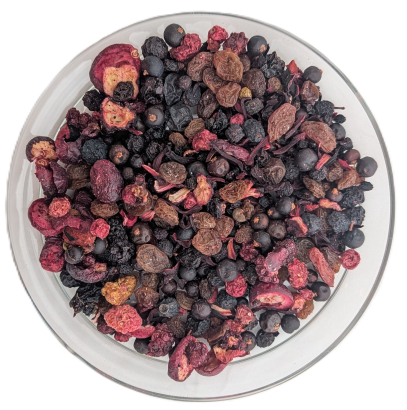 Beerenreiche Früchteteemischung 12 Beeren mit ganzen getrockneten Aroniabeeren, Cranberries, Rosinen, Holunderbeeren und Hibiskusblüten.